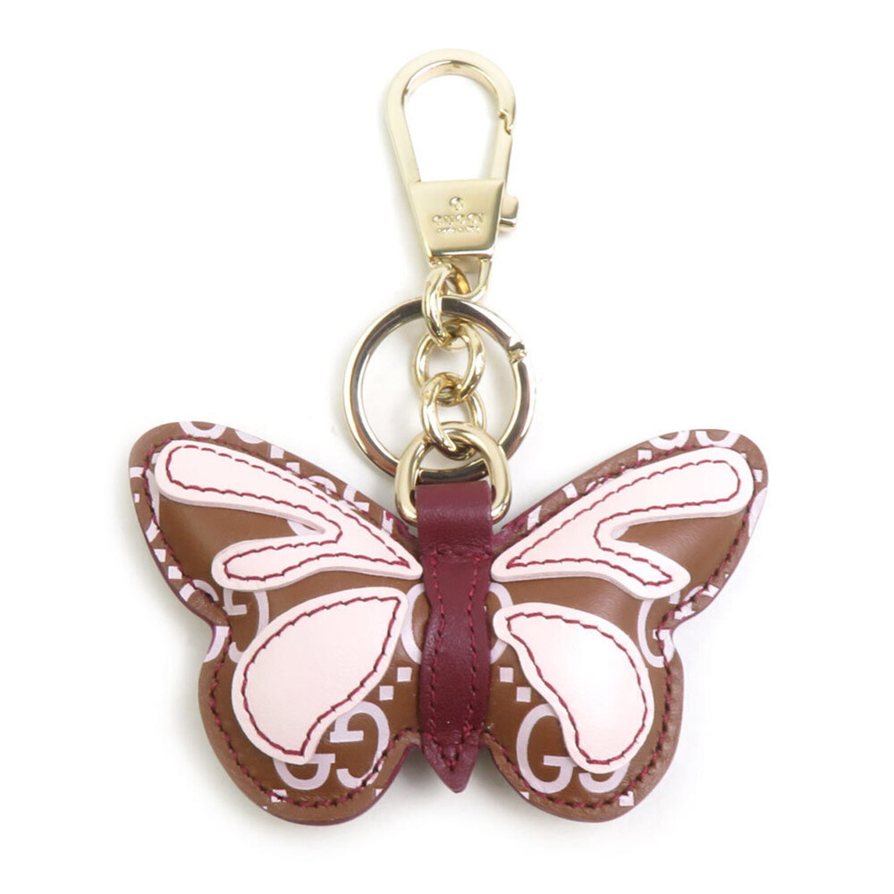 Gucci GUCCI Charm Keyring Butterfly Leather Metal Brown Pink Gold Women's e62...